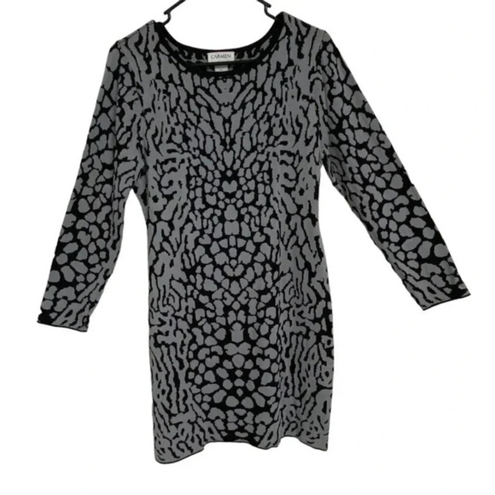 Carmen Marc Valvo Womens Knee Length Animal Print Knit Dress Gray Size Large